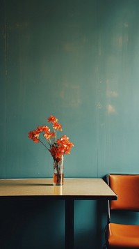 Flower vase onthe table in retro resturant furniture chair plant. AI generated Image by rawpixel.