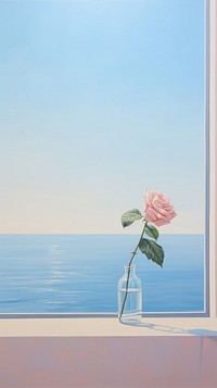 Minimal seascape out of the window view with a rose flower windowsill painting horizon. 