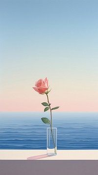 Minimal seascape out of the window view with a rose flower painting outdoors nature. 