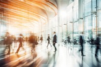 Business people walking in bright office hall way motion city infrastructure. 