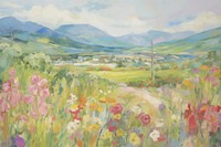 Flower fields on a hills painting grassland outdoors. AI generated Image by rawpixel.
