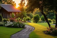 Beautiful manicured lawn with a path house architecture landscape. AI generated Image by rawpixel.