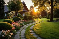 Beautiful manicured lawn with path architecture flowerbed landscape. AI generated Image by rawpixel.