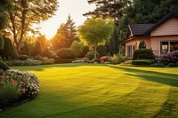 Beautiful manicured lawn architecture flowerbed landscape. AI generated Image by rawpixel.