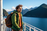 Latino man backpacker photography mountain portrait. 