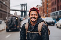 Smiling Latino man with backpack photography travel smile. AI generated Image by rawpixel.