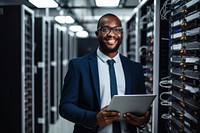 Smiling technician with laptop in server room computer adult electronics. 