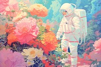Astronaut in flower garden outdoors nature plant. AI generated Image by rawpixel.