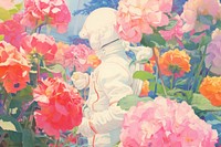 Astronaut in flower garden painting outdoors nature. AI generated Image by rawpixel.