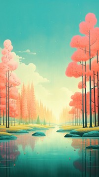 Colorful forest with lake landscape outdoors painting. AI generated Image by rawpixel.