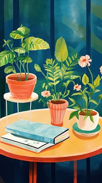 Potted flowers on a table in the green house book furniture painting. AI generated Image by rawpixel.