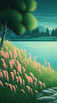 Grass tree lake landscape. AI generated Image by rawpixel.