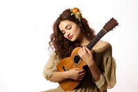 Woman Hugging Brown Ukelele musician guitar white background. AI generated Image by rawpixel.