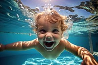 Kid smile under water swimming pool recreation portrait outdoors. AI generated Image by rawpixel.