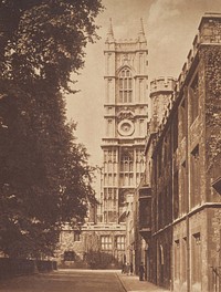 The Abbey Tower from Deans Yard. From the album: Photograph album - London (1920s) by Harry Moult.