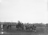 Lineout formation - scene from rugby union match in Southland (circa 1922).