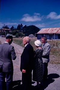 Mr and Mrs Huston with Dave Winterbourne (left) and Roy Watemburg at Parihaka (19 February 1961) by Leslie Adkin.