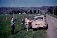 Group at Queen Street East, Levin, old home "Woodside" beyond (07 October 1961) by Leslie Adkin.