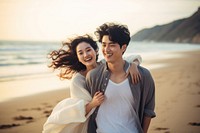 Korean Couple portrait laughing outdoors. AI generated Image by rawpixel.