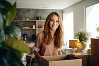 Moving into a new apartment cardboard smile adult. AI generated Image by rawpixel.