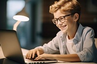American child schoolboy studying online laptop computer smiling. AI generated Image by rawpixel.