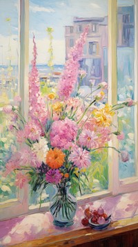 Flower vase painting window plant. 