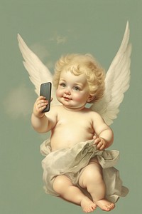 A Cherub holding mobile phone portrait angel baby. 