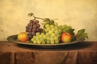 Fruits on tray painting art grapes. 