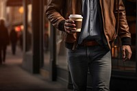 Man walking with a coffee jacket cup mug. AI generated Image by rawpixel.