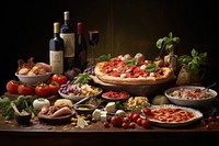 Italian food pizza meal arrangement. 