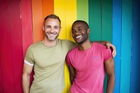 Smiling gay couple standing laughing portrait. AI generated Image by rawpixel.