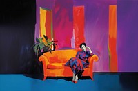 Woman sitting on couch furniture painting adult. AI generated Image by rawpixel.
