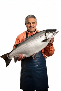 Fishmonger holding a salmon fisherman portrait animal. 