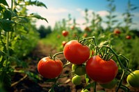 Tomatoes field agriculture landscape. AI generated Image by rawpixel.