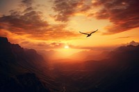 Bird flying sun landscape mountain. AI generated Image by rawpixel.