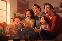 Family watching tv together laughing sitting cartoon. 