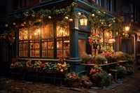 Cosy flower shop christmas lighting street. 