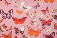 Orange fabric with red and pink butterflies butterfly insect art. 