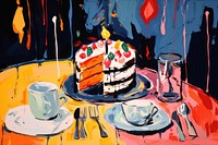 Birthday Cake Being Served In Restaurant cake art painting. AI generated Image by rawpixel.