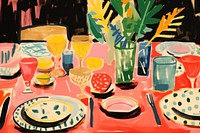 Party table set-up tablecloth painting drawing. AI generated Image by rawpixel.
