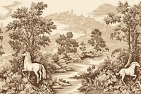 Horses in forest landscape outdoors drawing. AI generated Image by rawpixel.