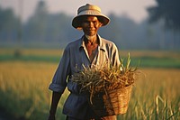 Old man carrying baskets through the rice field agriculture countryside outdoors. 