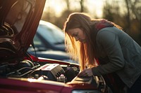 Woman checkup her new car vehicle adult transportation. 