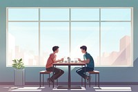 Boy with friend eat lunch at the school cafeteria furniture cartoon window. AI generated Image by rawpixel.