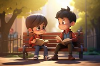 A boy read a book with friend sit Bench in front of school cartoon bench togetherness. AI generated Image by rawpixel.