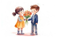 A boy give a bouquet a girl child cute kid. AI generated Image by rawpixel.