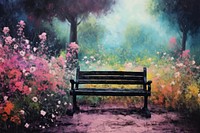 Bench in the middle of a garden outdoors nature flower. AI generated Image by rawpixel.