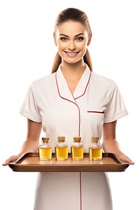 Professional masseuse in spa uniform holding tray with aroma oil massage bottle white background refreshment. AI generated Image by rawpixel.
