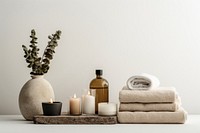 Beautiful Spa treatment set in minimal bathroom interior candle towel vase. AI generated Image by rawpixel.