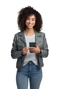 Woman holding phone portrait clothing jacket. AI generated Image by rawpixel.